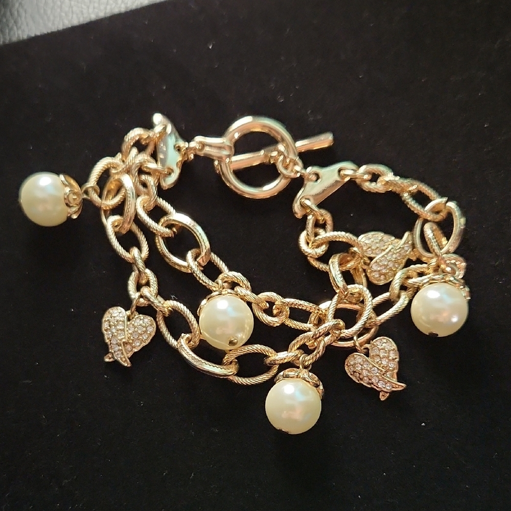 Gold and Faux Pearl Charm Bracelet
